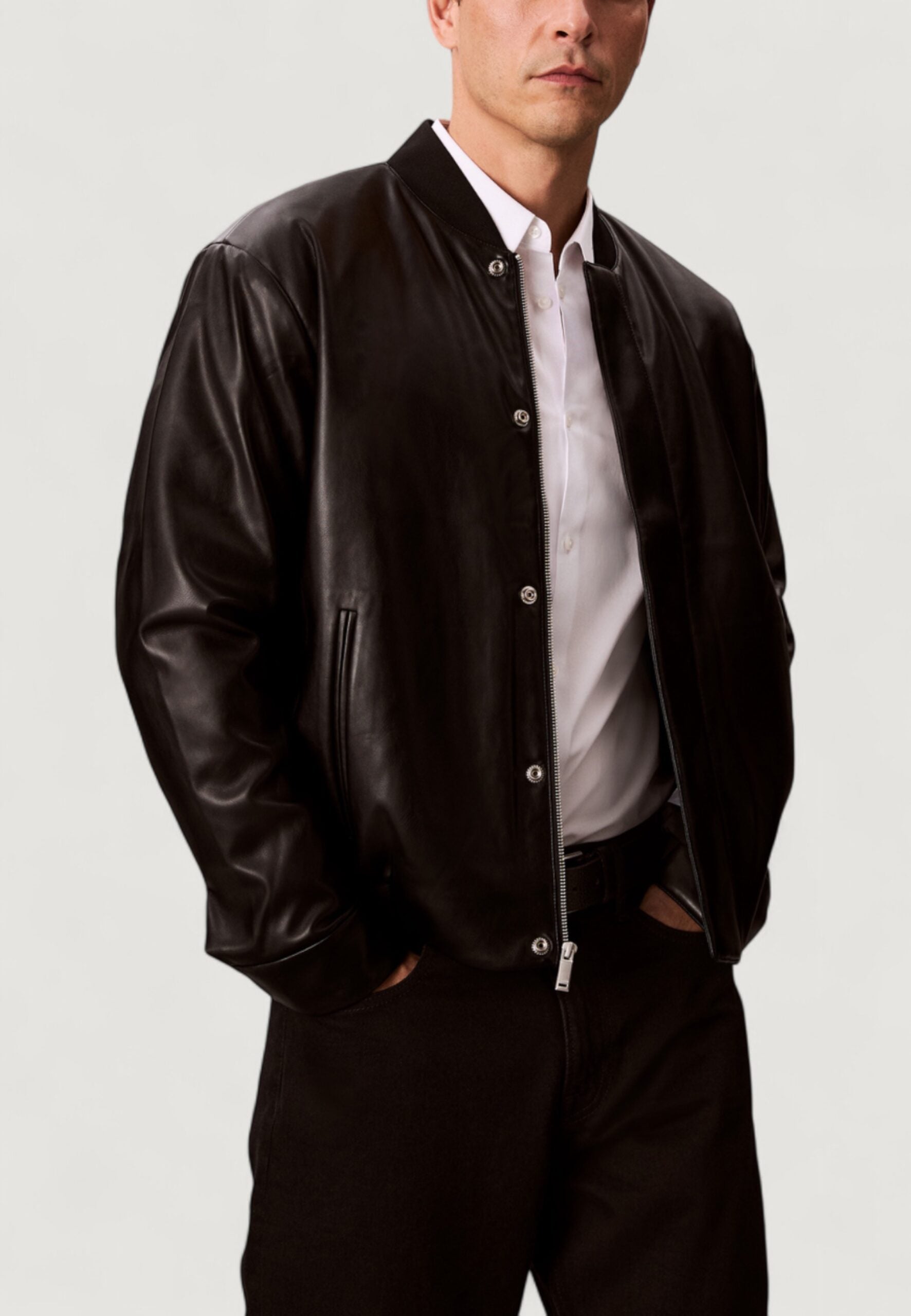 Calvin Klein Jeans Men's Black Faux Leather Bomber Jacket