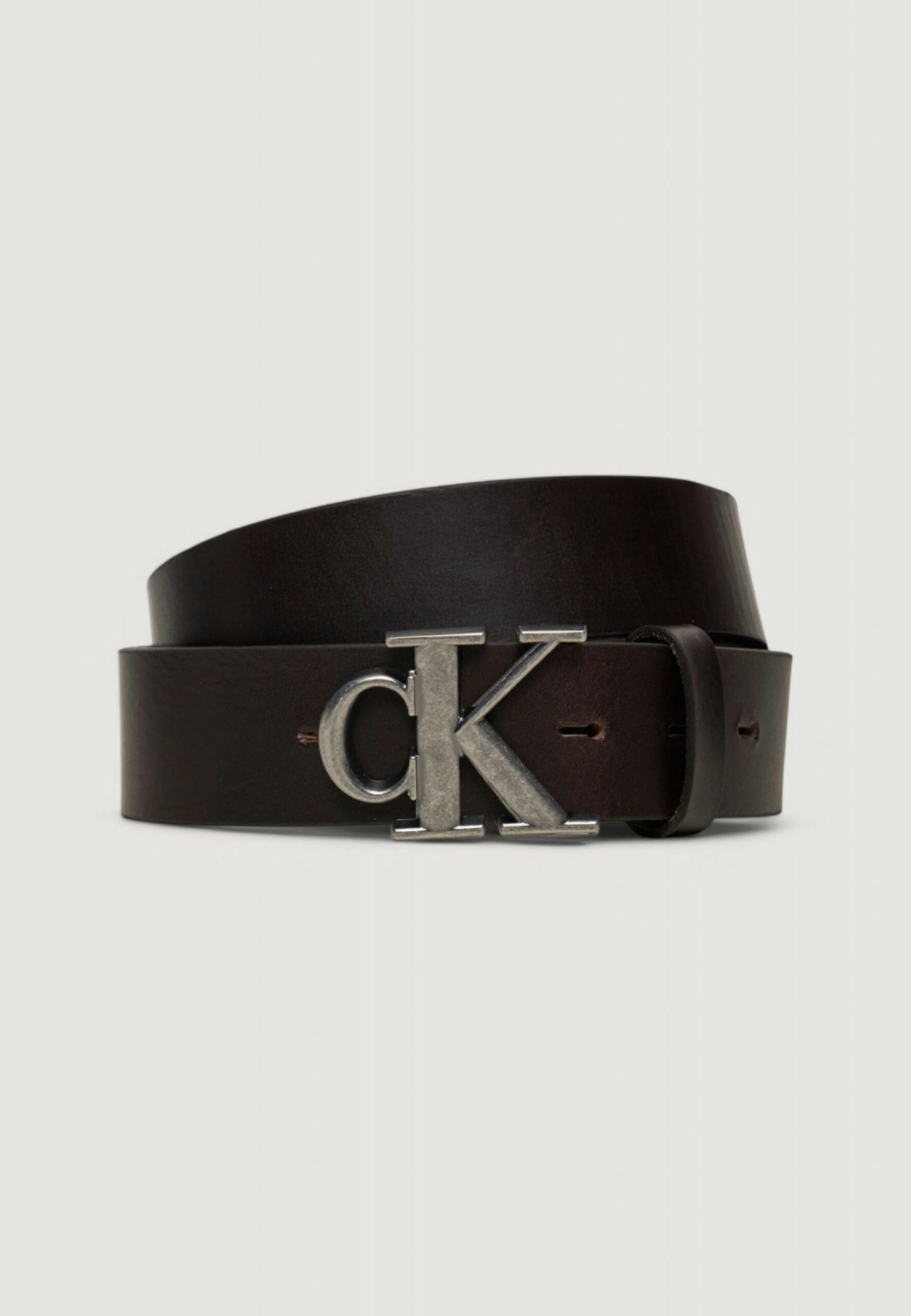 Calvin Klein Jeans Men's Brown Leather Belt - Round Monogram Plaque Buckle