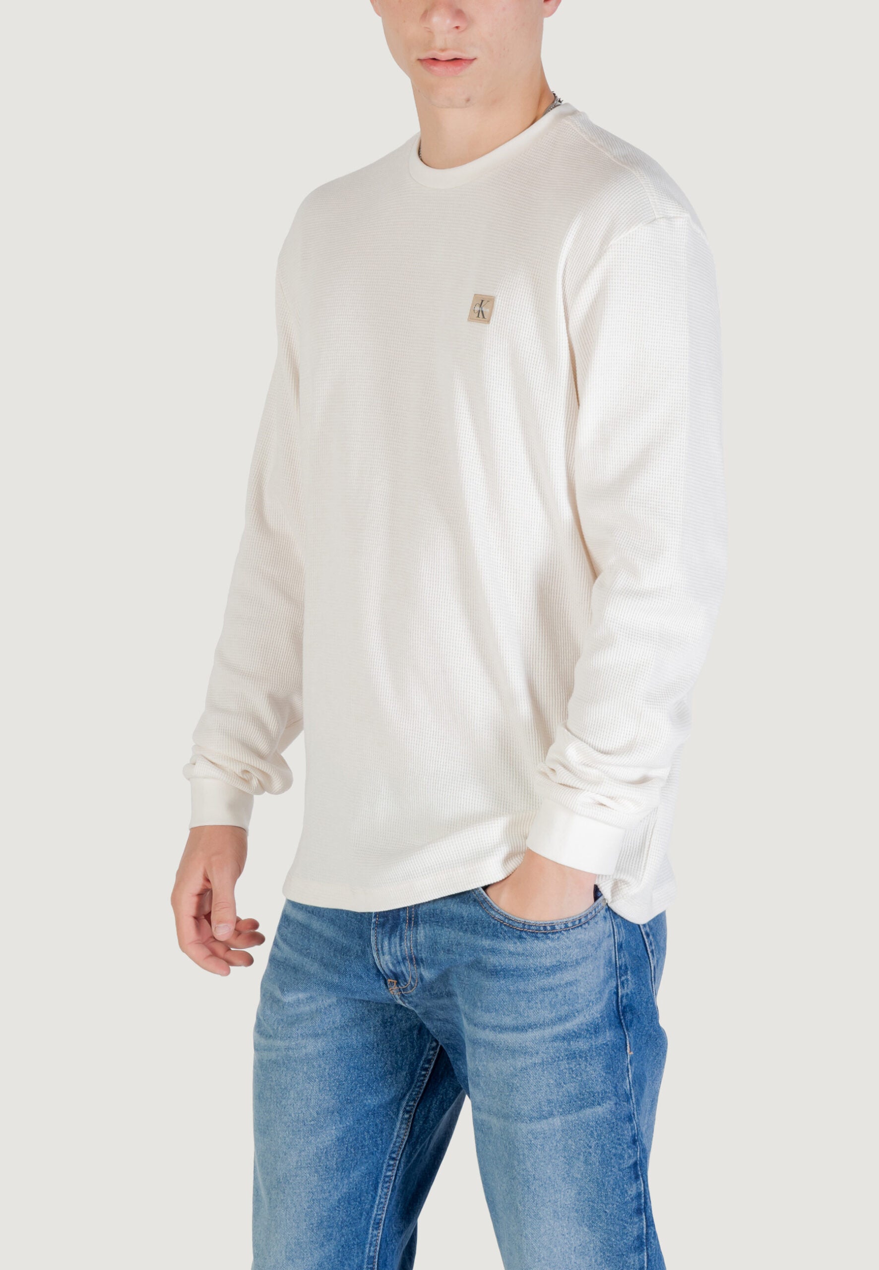 Calvin Klein Jeans Men's Latte Waffle Long Sleeve T-Shirt - Badge Logo Crew Neck