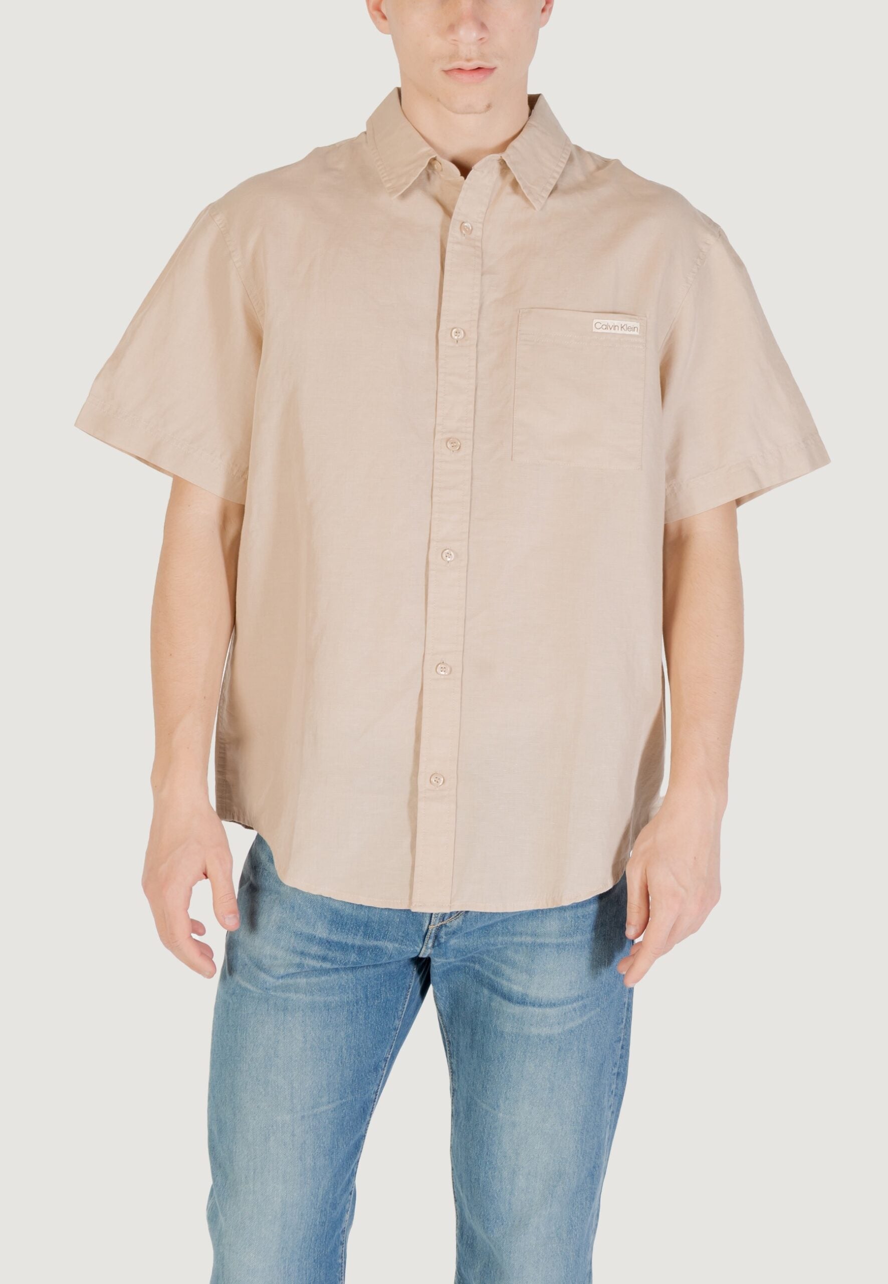 Calvin Klein Jeans Men's Linen Cotton Beige Short Sleeve Shirt