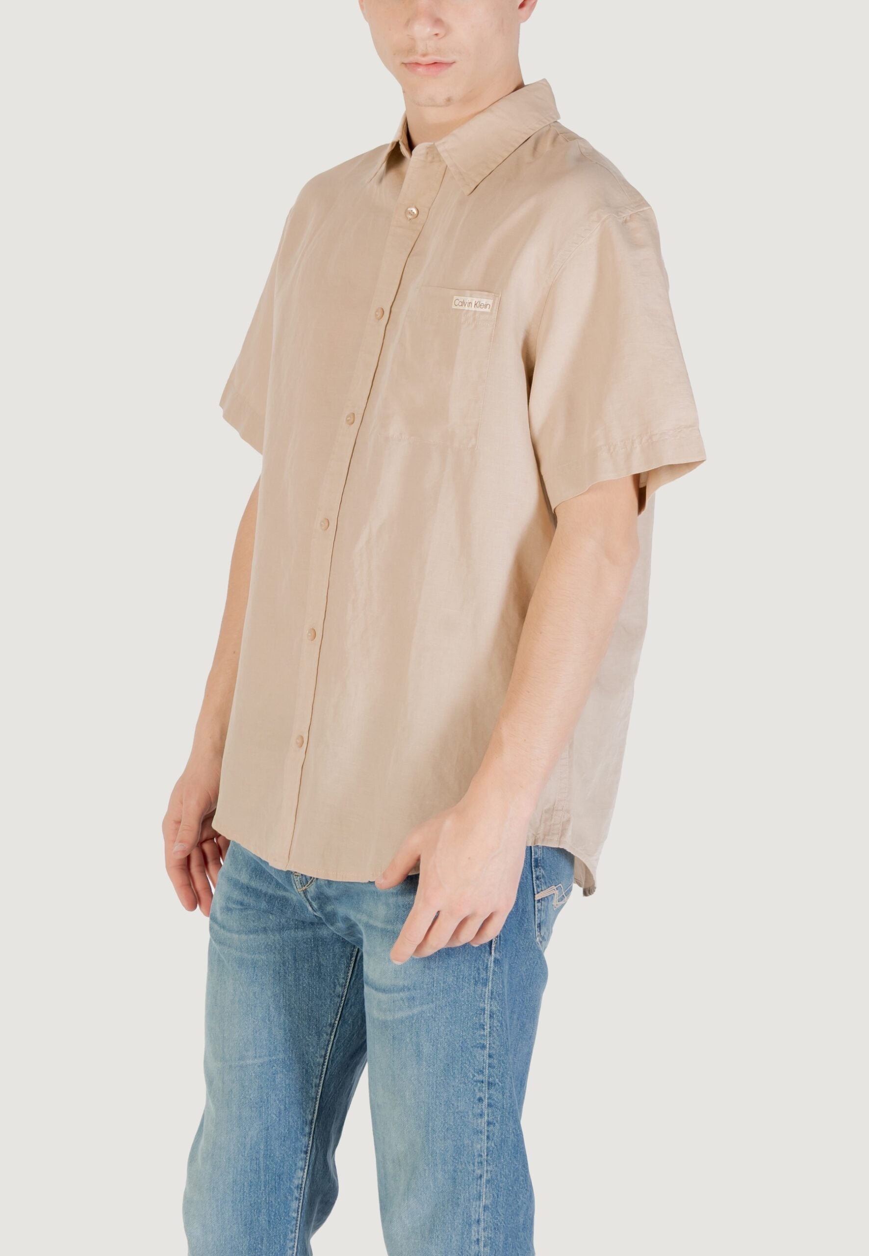 Calvin Klein Jeans Men's Linen Cotton Beige Short Sleeve Shirt