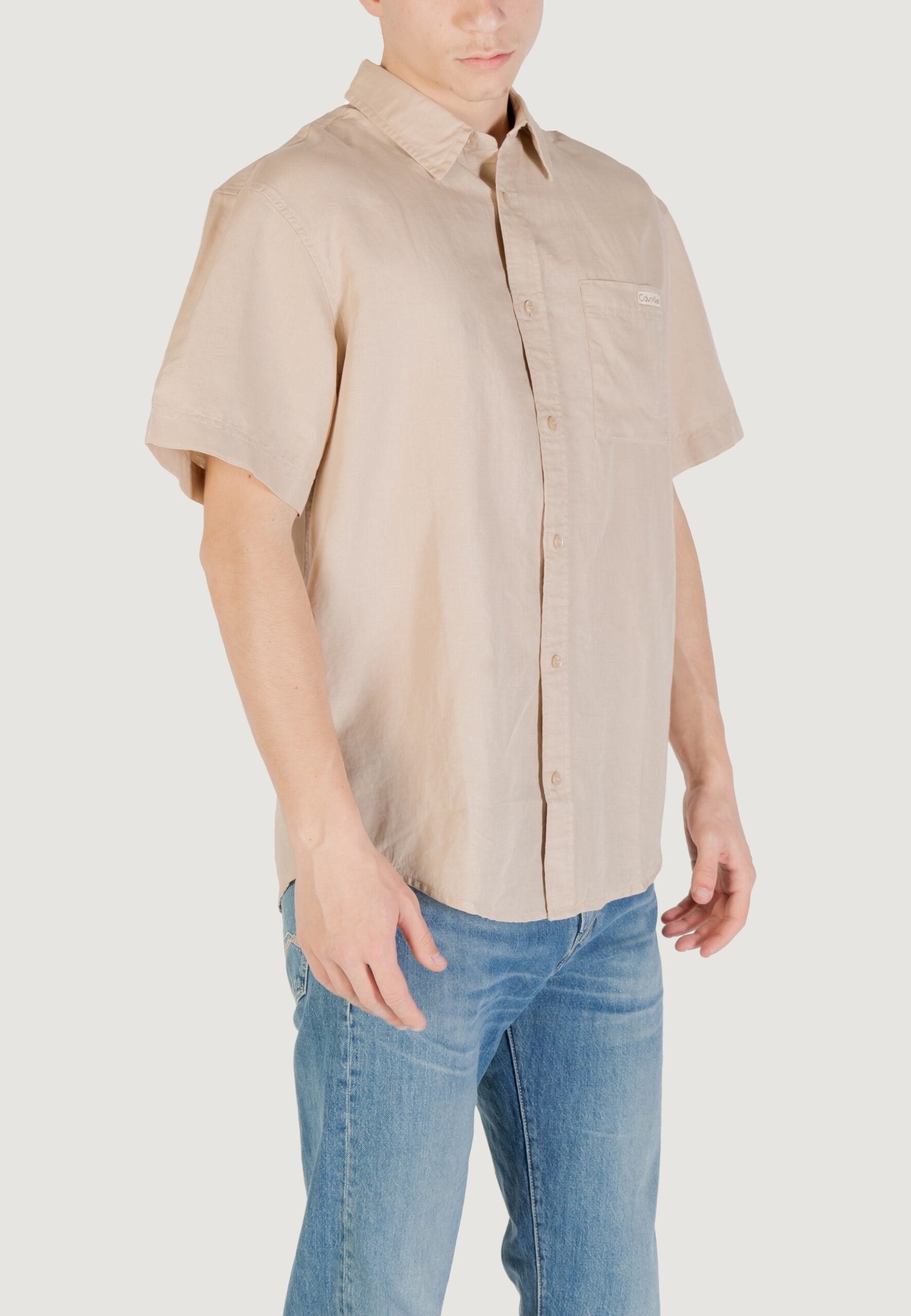 Calvin Klein Jeans Men's Linen Cotton Beige Short Sleeve Shirt