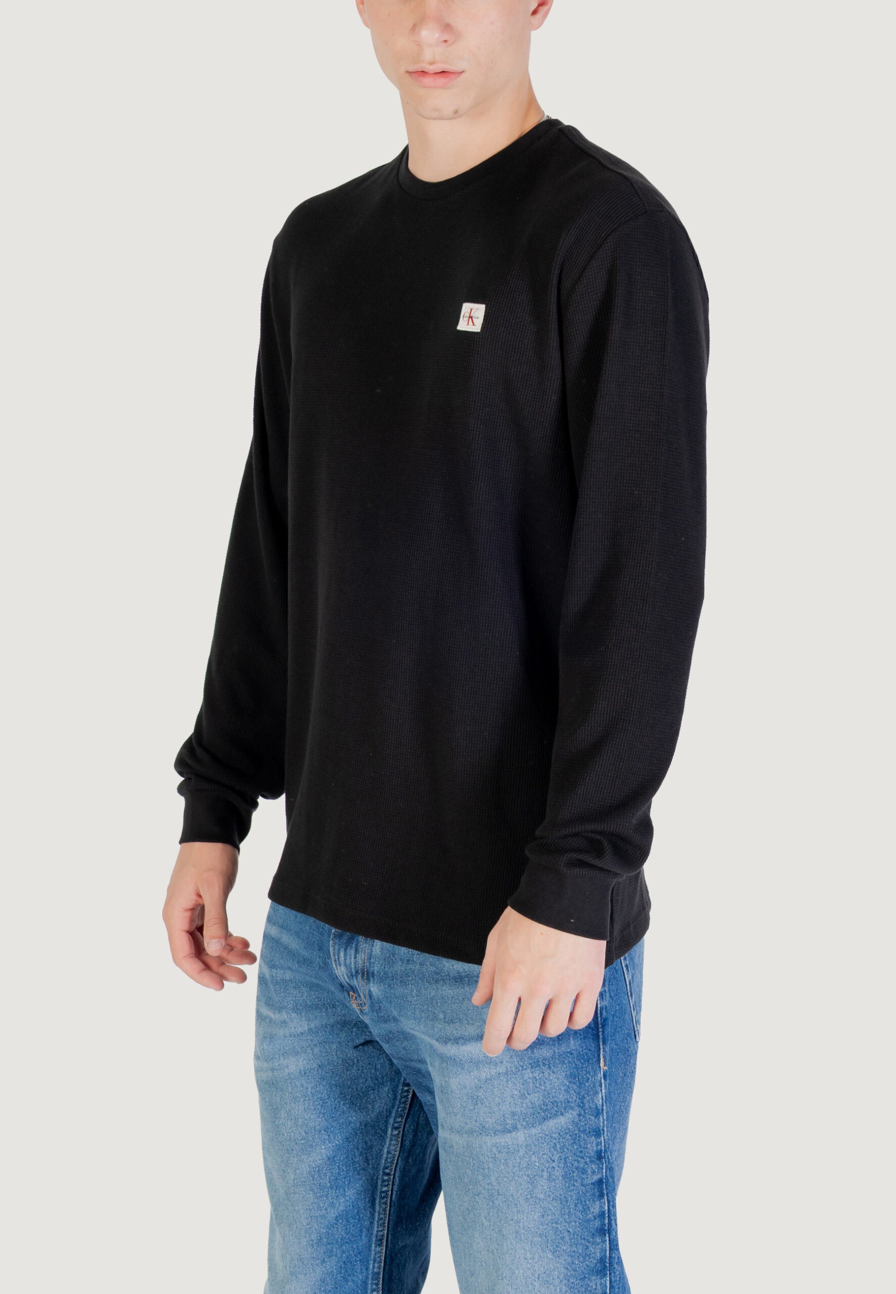 Calvin Klein Jeans Men's Black Waffle Long Sleeve T-Shirt - Badge Logo Crew Neck