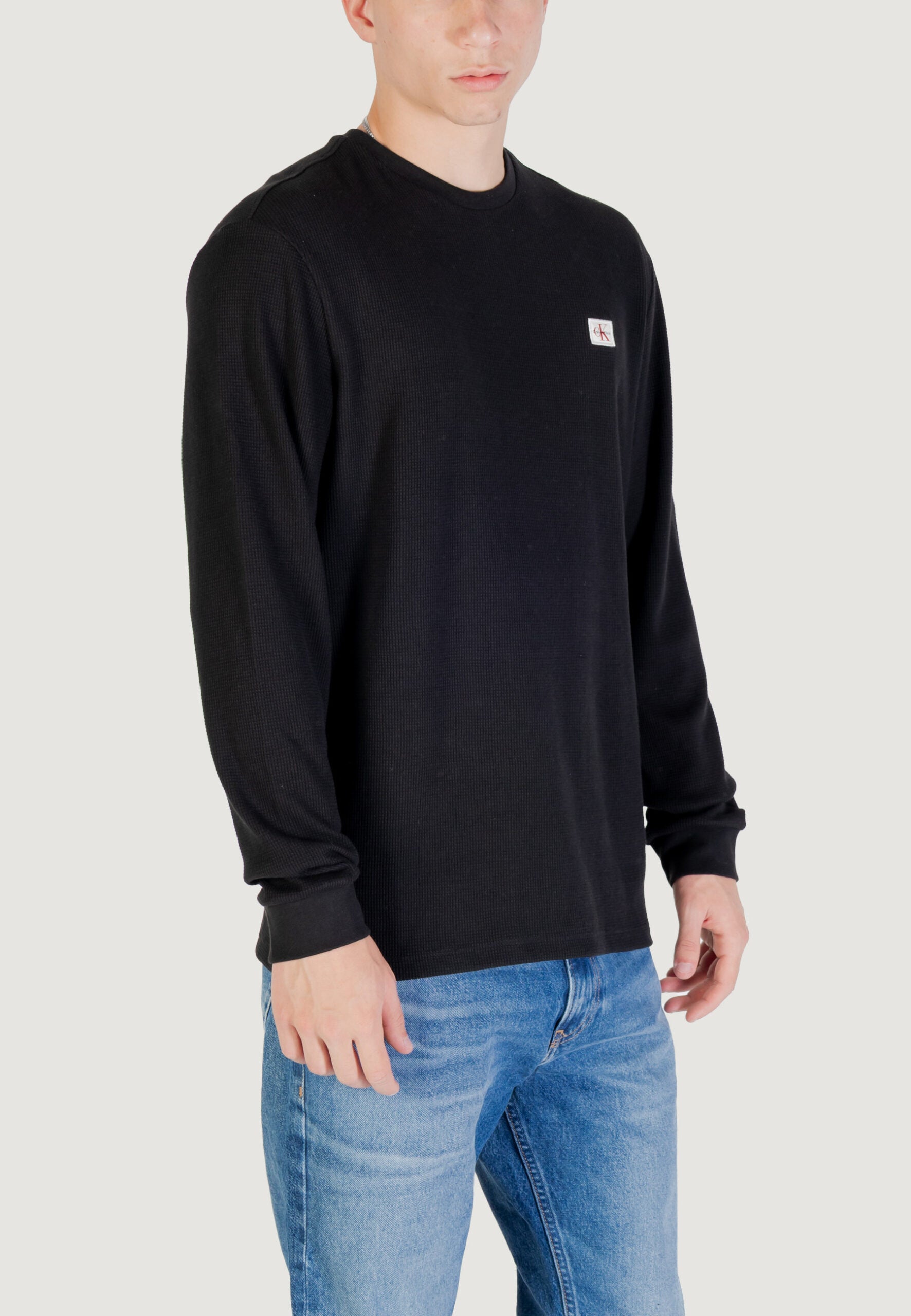 Calvin Klein Jeans Men's Black Waffle Long Sleeve T-Shirt - Badge Logo Crew Neck