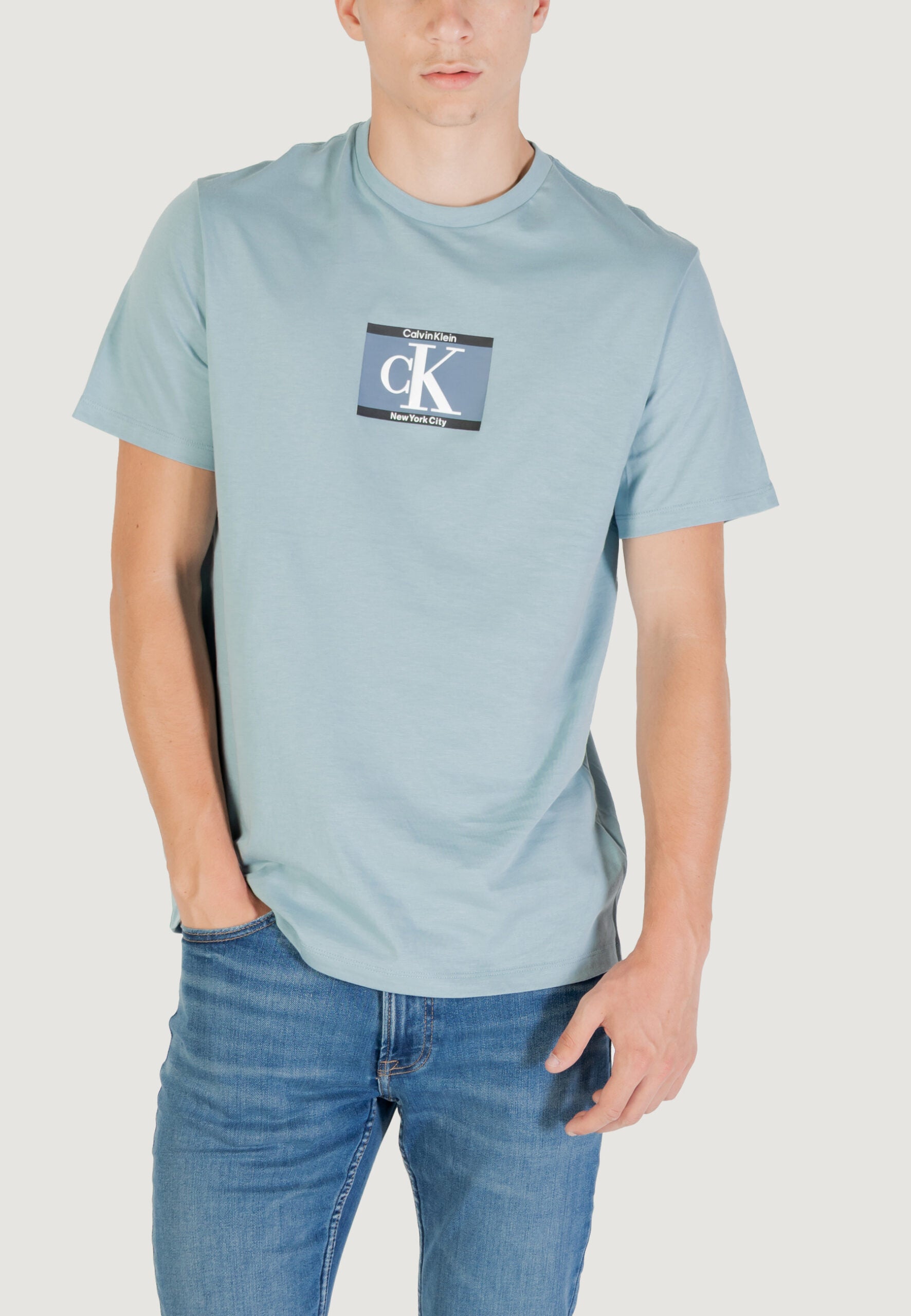 Calvin Klein Men's Light Blue T-Shirt - CK Box Logo Short Sleeve