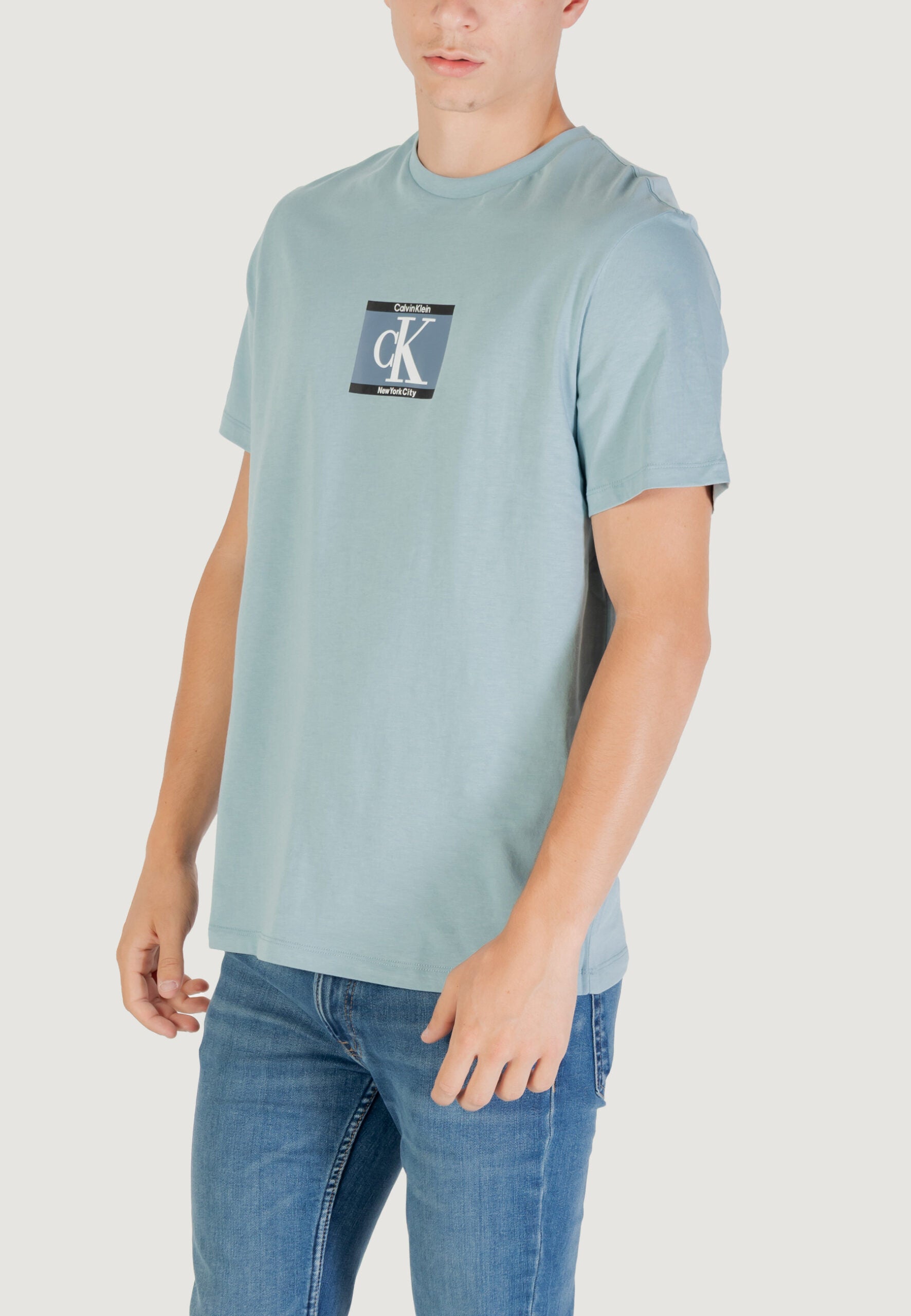 Calvin Klein Men's Light Blue T-Shirt - CK Box Logo Short Sleeve