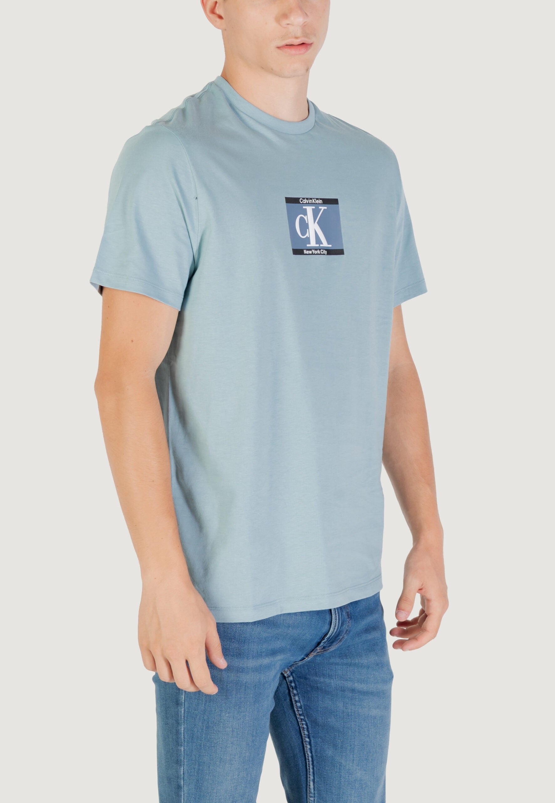 Calvin Klein Men's Light Blue T-Shirt - CK Box Logo Short Sleeve