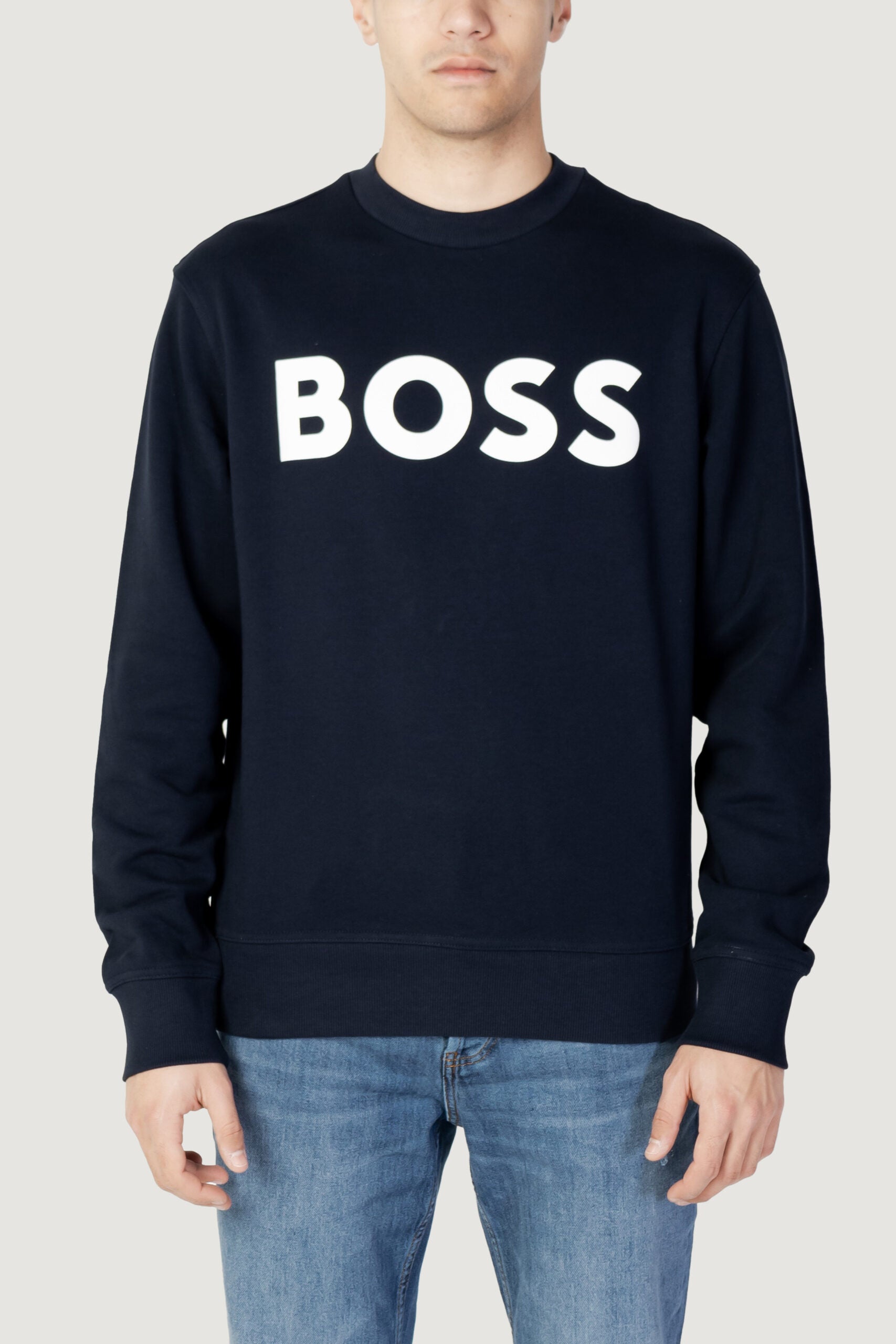 BOSS メンズ ネイビーブルー ジャージー クルーネック パーカー