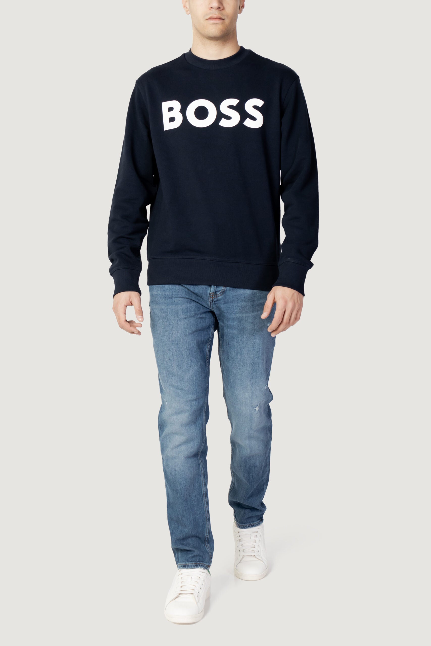 BOSS メンズ ネイビーブルー ジャージー クルーネック パーカー
