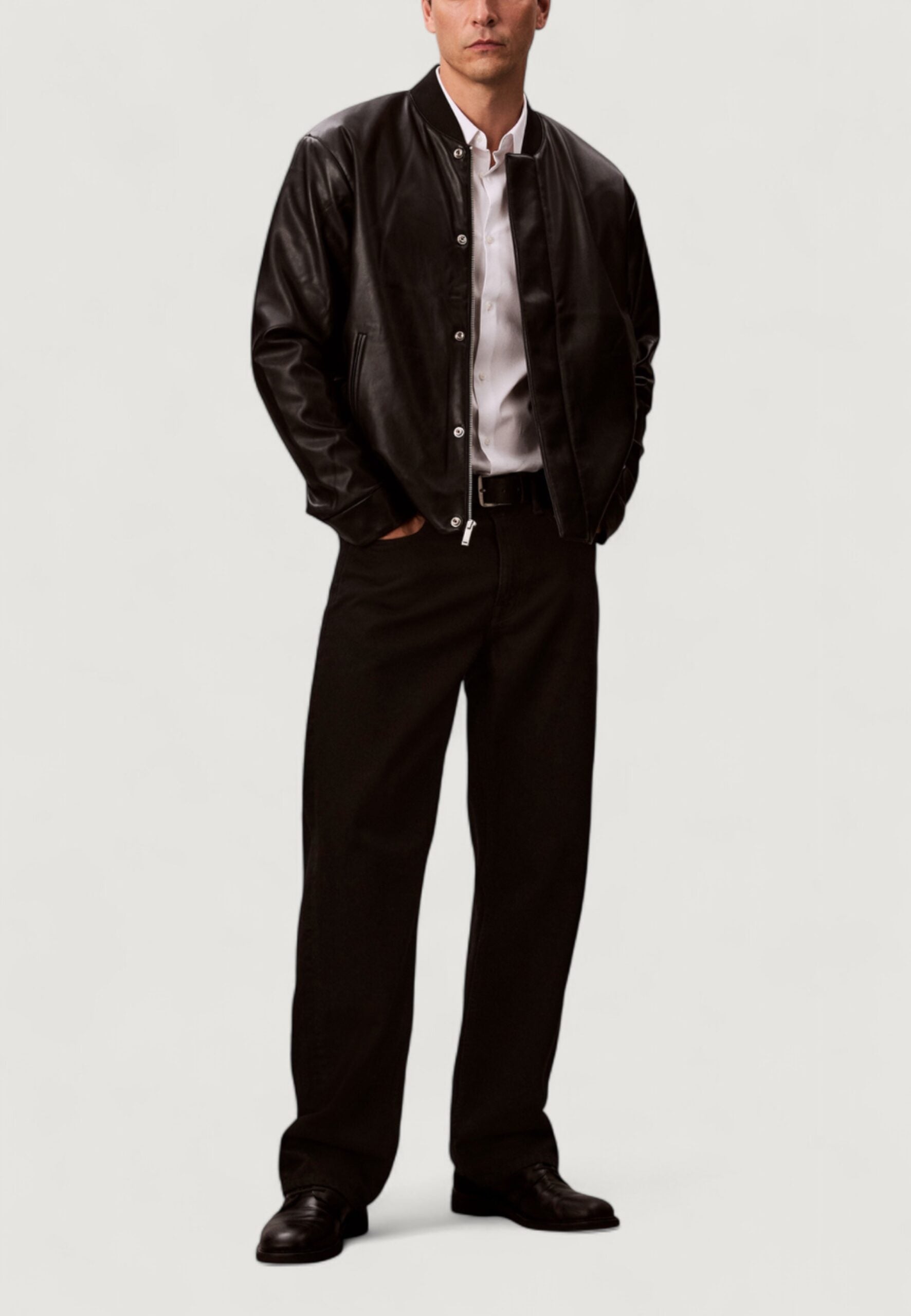 Calvin Klein Jeans Men's Black Faux Leather Bomber Jacket