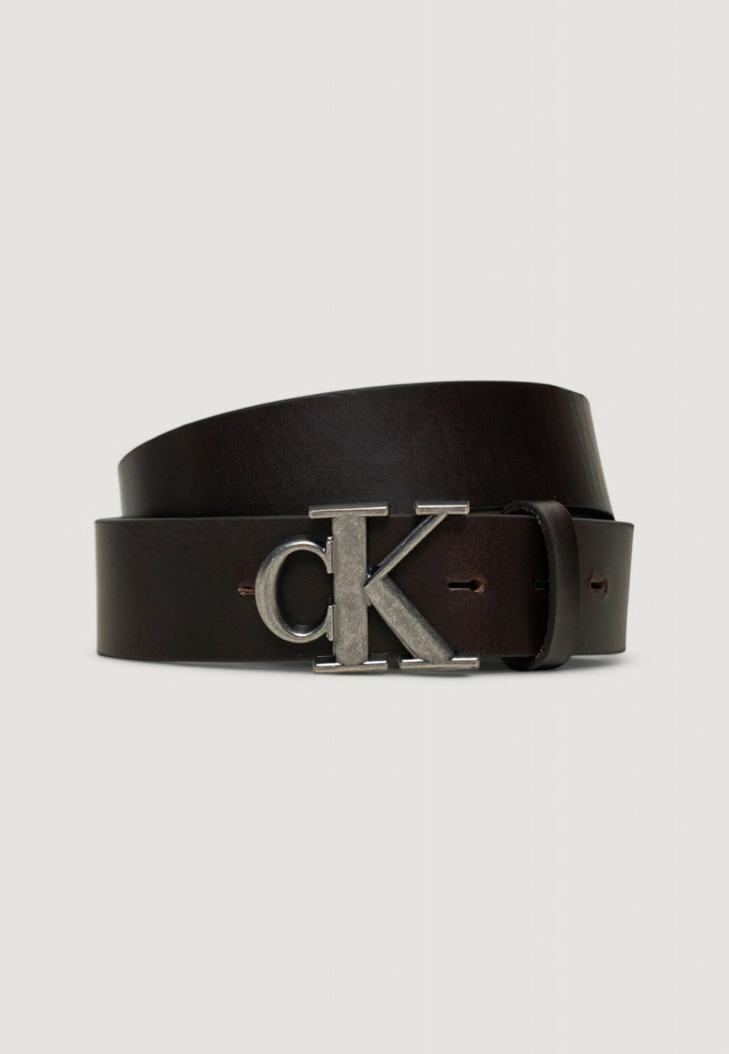 Calvin Klein Jeans Men's Brown Leather Belt - Round Monogram Plaque Buckle