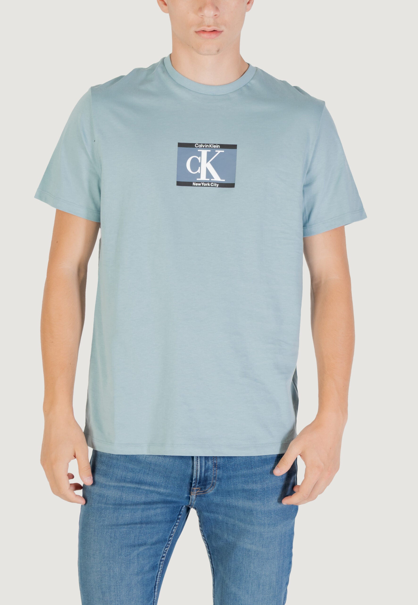 Calvin Klein Men's Light Blue T-Shirt - CK Box Logo Short Sleeve